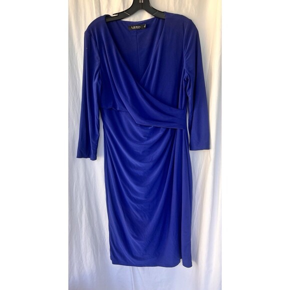 Lauren Ralph Lauren Blue Stretch Jersey Ruched Wrap Sheath Dress 14 Career Work - Picture 1 of 6